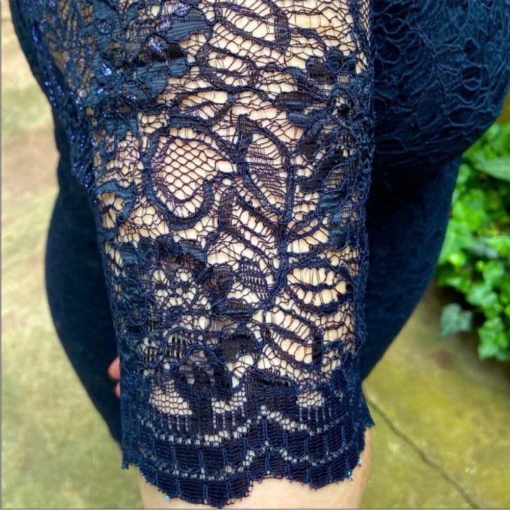 $270 Banana Republic Navy Blue Lace Dress Subtle Shimmer, Size 14 w/ STRETCH NWT - Picture 6 of 11